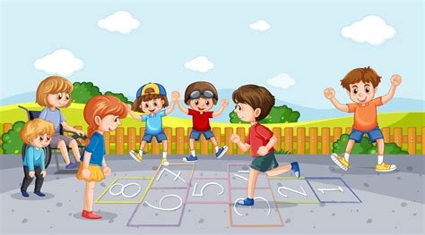 Happy children playing hopscotch on playground 6412292 Vector Art at Vecteezy