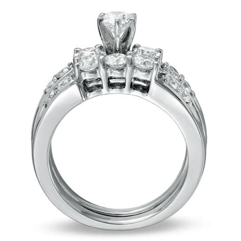 Previously Owned 1 12 Ct Tw Diamond Three Stone Bridal Set In 14k White Gold Bridal Sets