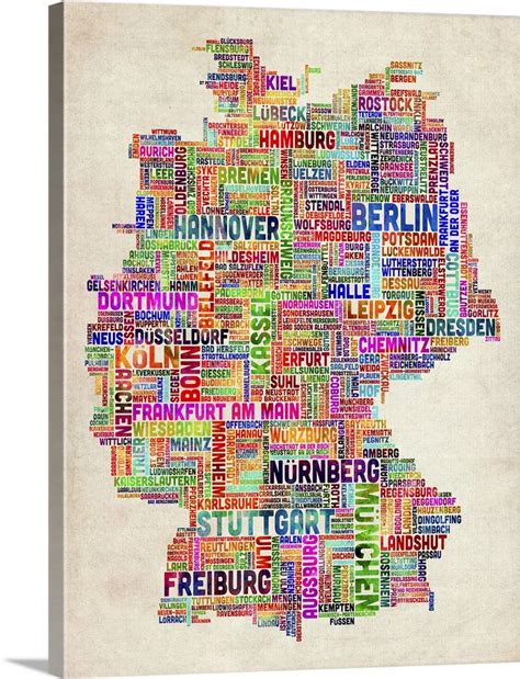 German Cities Text Map Multicolor On Parchment Wall Art Canvas Prints