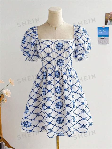 Shein Wywh Summer Vacation Womens Blue And White Romantic Floral