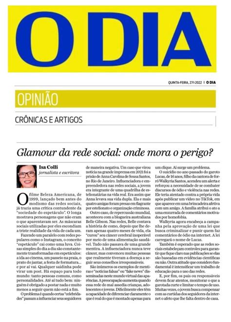 Jornal O Dia Opinião Glamour da rede social onde mora o perigo