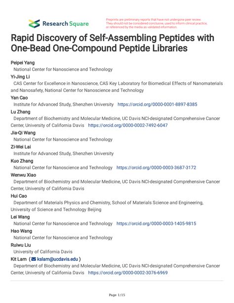 Pdf Rapid Discovery Of Self Assembling Peptides With One Bead One Compound Peptide Libraries