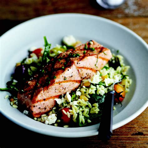 Grilled Salmon With Orzo Feta And Red Wine Vinaigrette