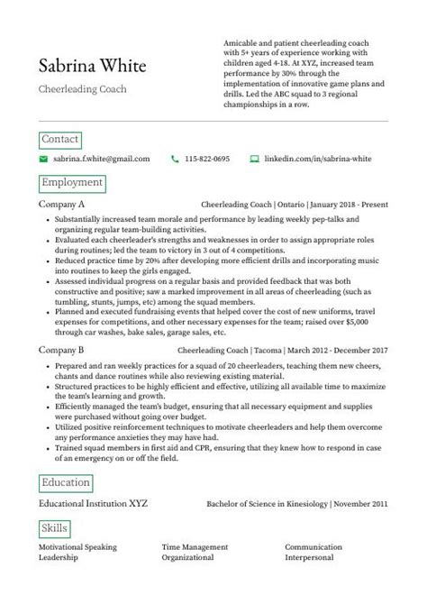 Cheerleading Coach Resume Cv Example And Writing Guide