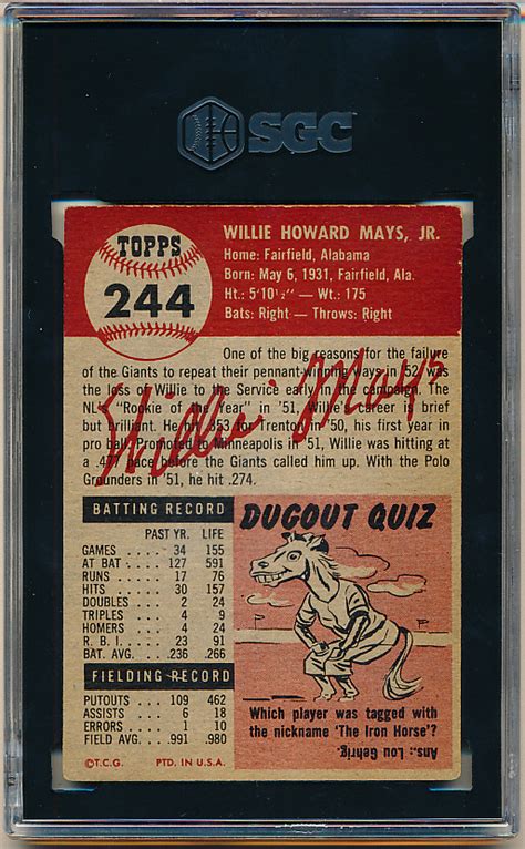 Lot Detail 1953 Topps Baseball 244 Willie Mays Giants SGC 4 Vg