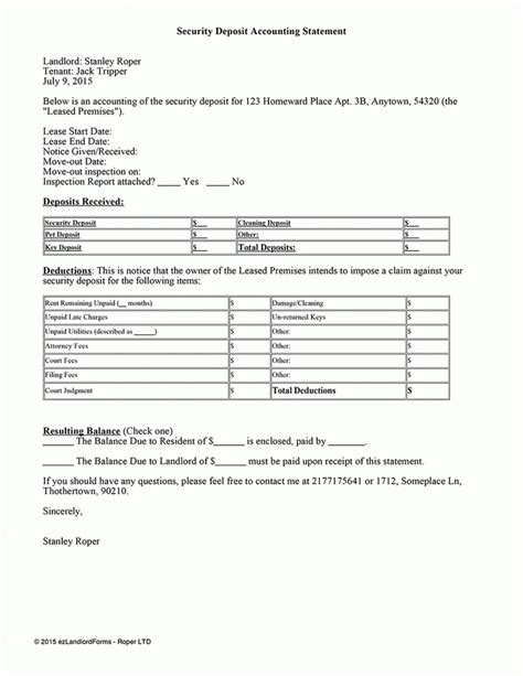 Sample Security Deposit Accounting Statement Ezlandlordforms Itemized Security Deposit Deduction