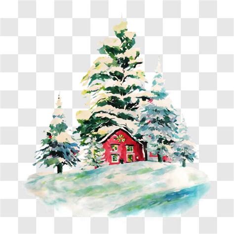 Download Red House In Snow With Trees And Ornamental Tree Png Online Creative Fabrica