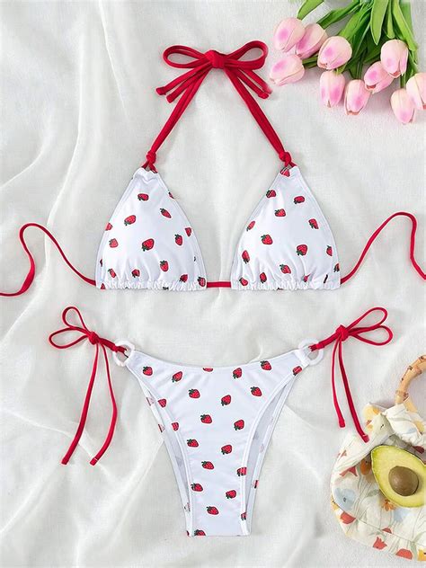 Women Bikini Set Strawberry Print Sleeveless Bra With Low Waist Briefs Bathing Suit Piece