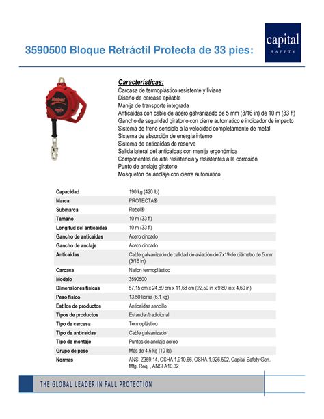 Bloque Retractil Protecta De 33 Pies 3590500 Rebel Ficha Tecnica