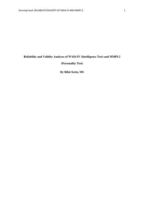 Pdf Reliability And Validity Analyses Of Wais Iv Intelligence Test And Mmpi 2 Personality