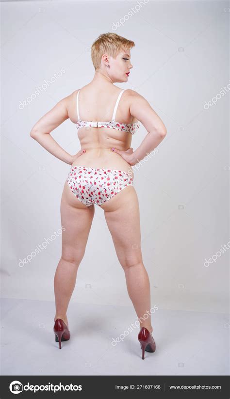 Curvy Caucasian Short Hair Woman Posing Cute White Lingerie Red Stock