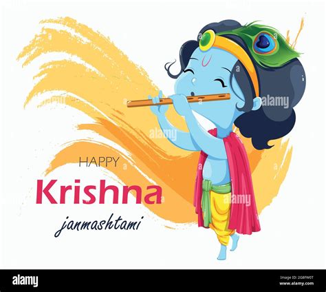 Happy Krishna Janmashtami greeting card. Lord Krishna kid paying flute. Stock vector on abstract ...