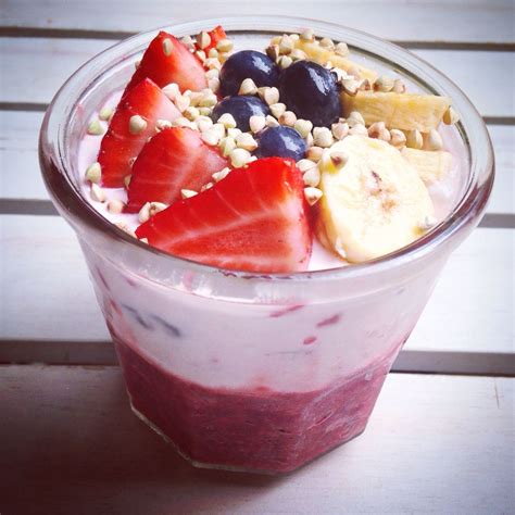 Overnight Raspberry Chia Pudding Topped With Greek Yogurt Berries Banana And Buckwheat Chia