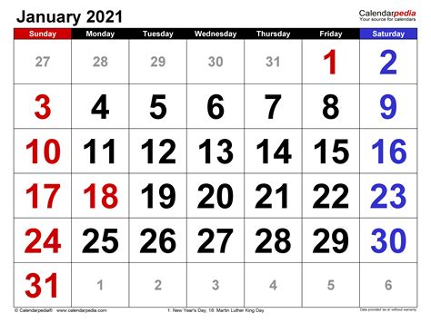 January 2021 Calendar Printable Template