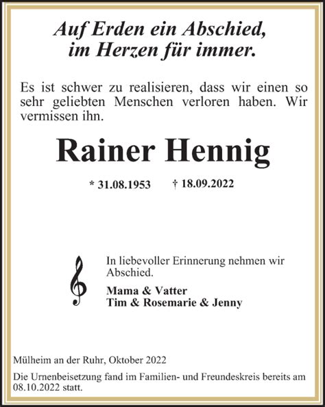 Traueranzeigen Von Rainer Hennig Trauer In Nrw De