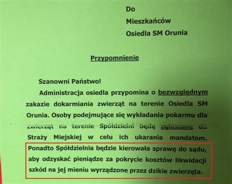 Spółdzielnia grozi sądem za dokarmianie zwierząt Prezes przepraszam