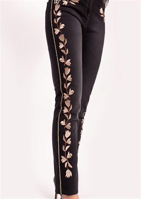 Black Jeans With Side Embroidery