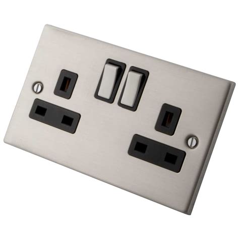 M2 13a 2 Gang Switched Socket Metal Black Insert Brushed Stainless Steel M2bs213ssdpmbk Cef