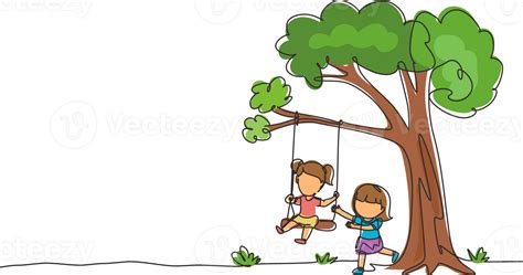 Single One Line Drawing Happy Two Girls Playing On Tree Swing Cheerful