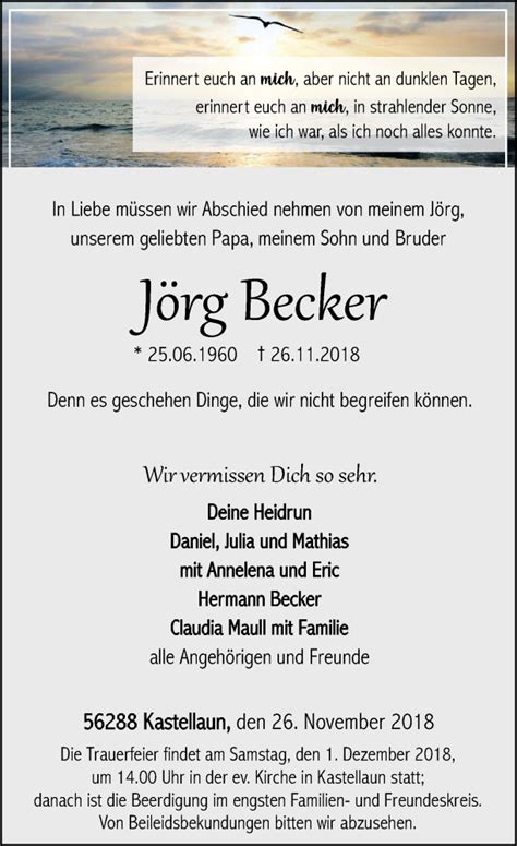 Traueranzeigen von Jörg Becker rz trauer de