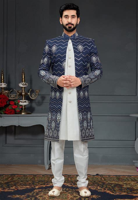 Navy Blue Silk Indo Western Suit