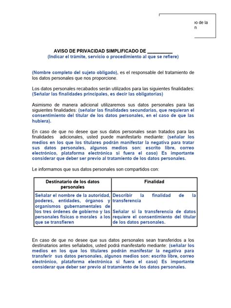 Formato Aviso De Privacidad Simplificado 2022 Pdf Privacidad