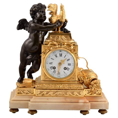 Table Clock Cupid With Rooster Bronze Marble Posib France Circa