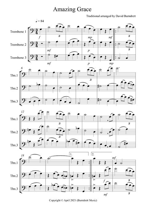 Amazing Grace For Trombone Trio Arr David Burndrett By Traditional Sheet Music For Brass