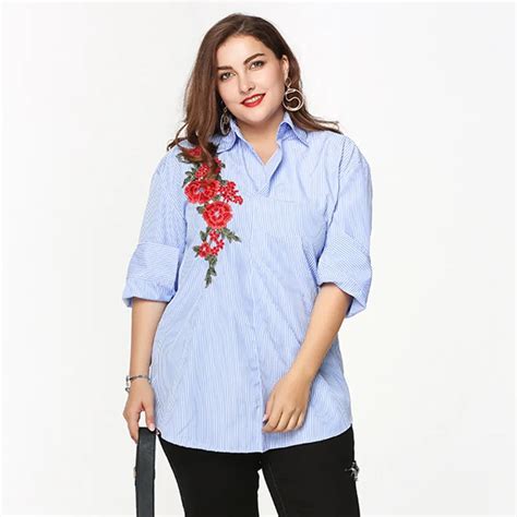 Plus Size Flowers Embroidered Loose Shirt Original Design Striped Long