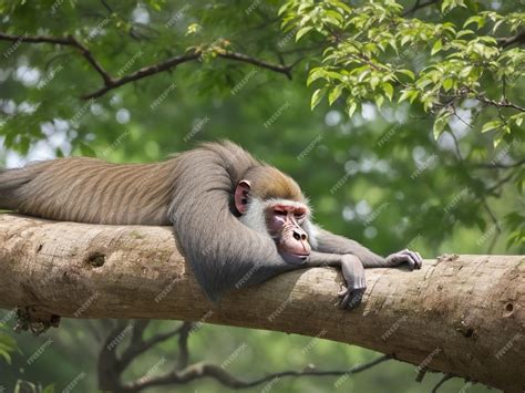 Premium Photo Baboon Sleeping While Sitting On Branch In Forest