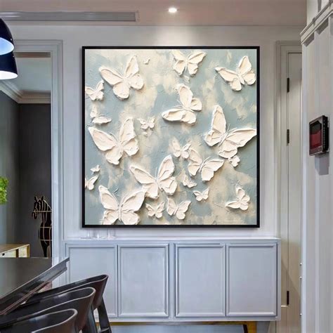 Original Texture Butterfly Acrylic Painting Minimalist White Butterfly