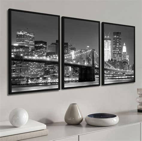 Kit 3 Quadros Decorativos Nova York Ponte Brooklyn Molduras