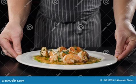 Restaurant Food Concept Chef Presenting His Dish Before Customers