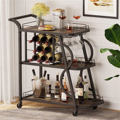 Aubtik Rustic Home Bar Serving Cart Metal Wood Liquor Bar Cart With Wheels 3 Tier Rolling