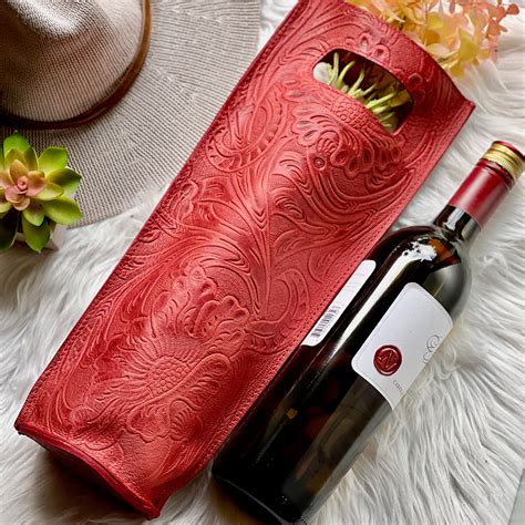 Handcrafted Wine Bottle Holder Embossed Leather Wine Caddy