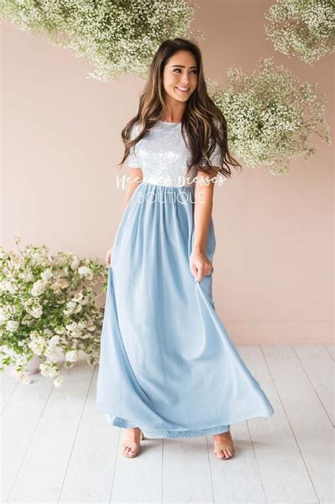 Dusty Blue Chiffon Sequin Maxi Dress Beautiful Modest Bridesmaids