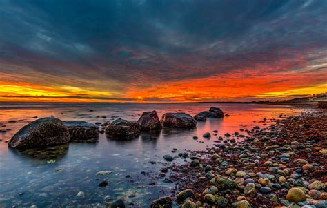 Wallpaper Sea The Sky Clouds Stones The Evening Tide Glow Images