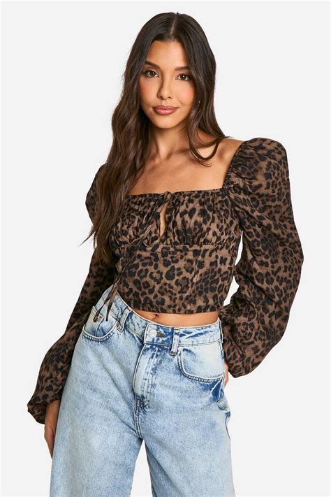 Leopard Print Puff Sleeve Milkmaid Top Boohoo Uk