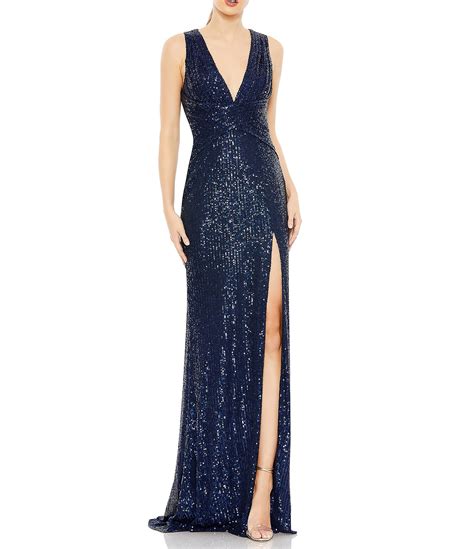 Mac Duggal V Neck Sleeveless Ruched Waist Front Slit Sequin Gown