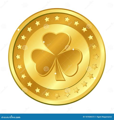 Shamrock Three Leaf Clover Gold Coin With Stars Saint Patrick`s Day