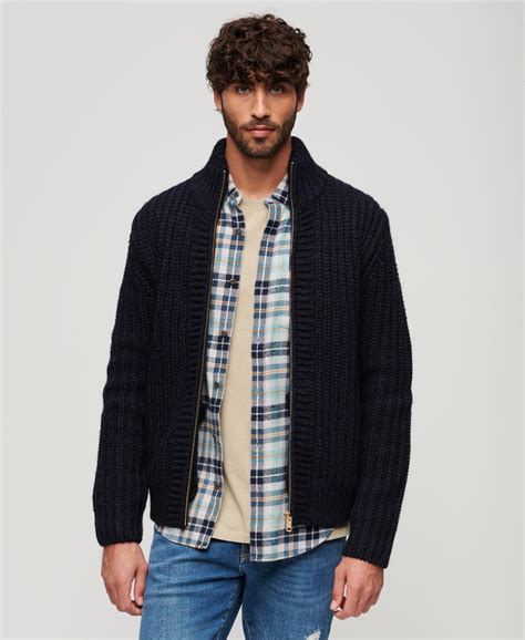 Homme Cardigan zippé en maille épaisse Bleu Marine Noir Twist