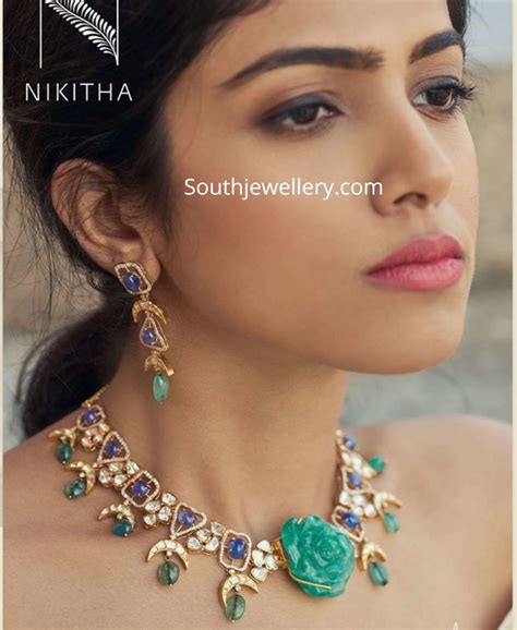 Designer Polki Necklace With Carved Emerald Rose Pendant In 2020 Gold