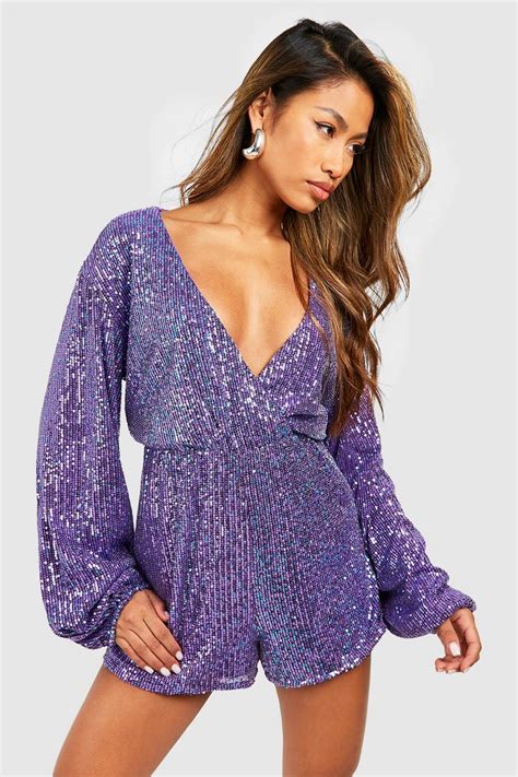 Blouson Sleeve Wrap Front Sequin Playsuit Boohoo Uk