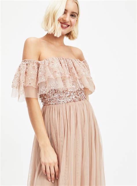 Maya Pale Pink Bardot Sequin And Tulle Maxi Dress Miss Selfridge