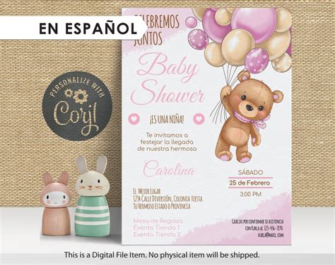 Invitación para Baby Shower niño osito con globos Editable en línea