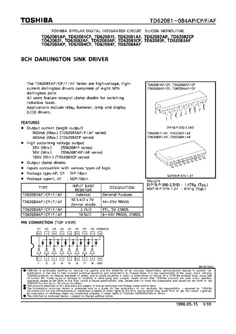 Td Datasheet Pages Toshiba Ch Darlington Sink Driver