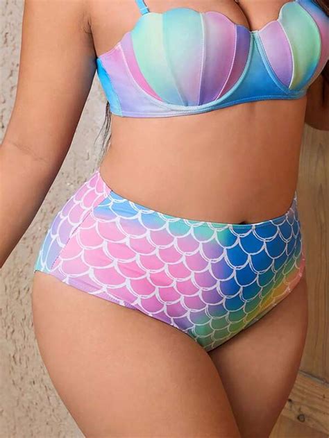 Shein Swim Mod Plus Fish Scales Print Ombre Bikini Bottoms Shein Usa