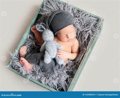 Newborn Baby Sleeping In Crate With Wool Stock Image Image Of