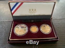 1992 Us Mint Olympic Commemorative 3 Coin Silver Gold Proof Set