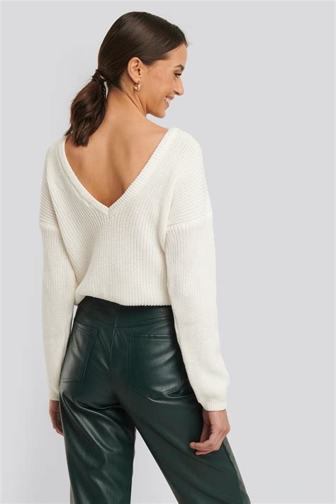 Knitted Deep V Neck Sweater White Na